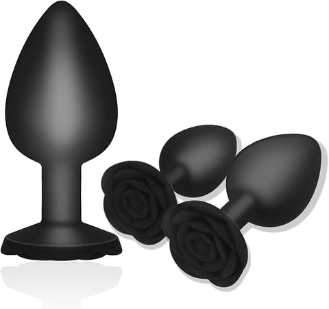 Anal Butt Plug Rose Se*x Toy, 3Pcs Silicone Anal Plugs Training Set,Training Set with Flared Base Prostate Se*x Toys for Beginners Advanced Users(Black)