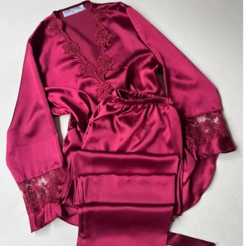 6-Piece Long Slit Silk Nighty Set in Maroon – Luxurious Nightwear for Women